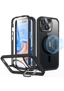 Husa pentru iPhone 15 si Folie ESR Armor Tough Kickstand HaloLock, Clear Black