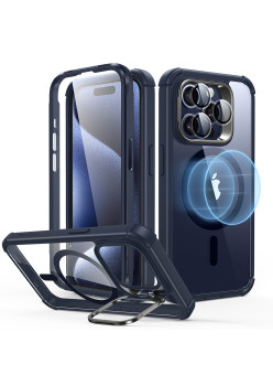 Husa pentru iPhone 15 Pro si Folie ESR Armor Tough Kickstand HaloLock, Clear Dark Blue