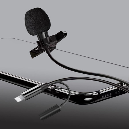 Microfon lavaliera Lightning, Jack 3.5mm, Reducerea zgomotului, Clip pentru guler, metalic, Black