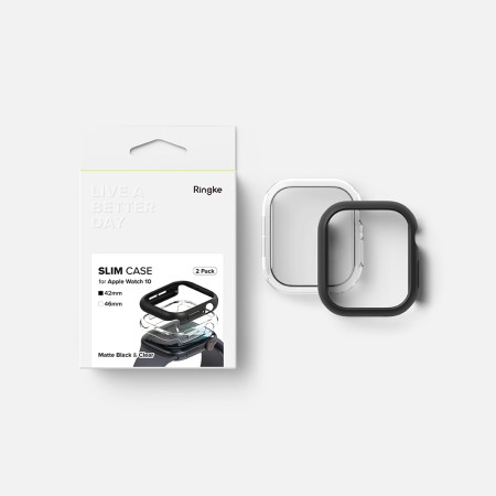 Husa pentru Apple Watch 10 42mm + Folie (set 2) - Ringke Slim - Clear / Matte Black