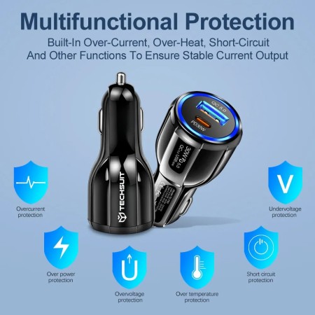 Incarcator Auto USB-A QC 5.0 30W, USB-C PD30W - Techsuit Premium (TE-022) - Black