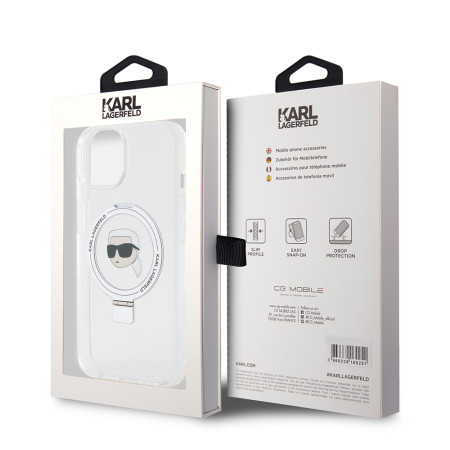 Husa pentru iPhone 15 / iPhone 14 / iPhone 13 - Karl Lagerfeld Hardcase Ring Stand MagSafe (KLHMP15SHMRSKHH) - White Karl Head