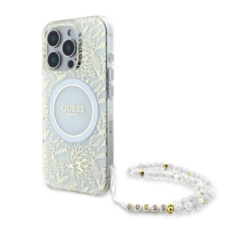 Husa pentru iPhone 16 Pro Max - Guess IML Flowers Allover Electro With Pearl Strap MagSafe (GUHMP16XHCPOFPH) - White