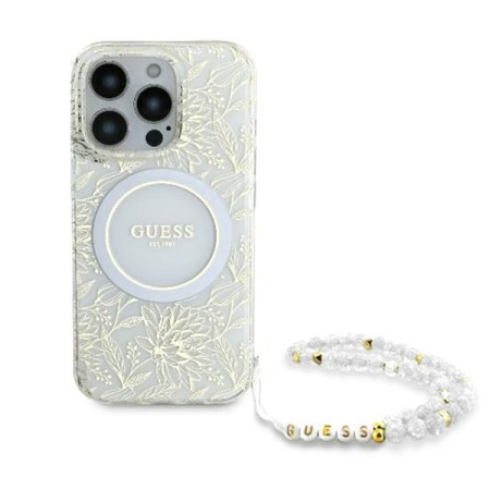 Husa pentru iPhone 16 Pro Max - Guess IML Flowers Allover Electro With Pearl Strap MagSafe (GUHMP16XHCPOFPH) - White