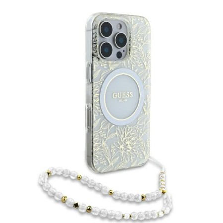 Husa pentru iPhone 16 Pro Max - Guess IML Flowers Allover Electro With Pearl Strap MagSafe (GUHMP16XHCPOFPH) - White