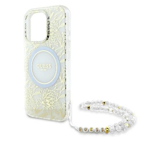 Husa pentru iPhone 16 Pro Max - Guess IML Flowers Allover Electro With Pearl Strap MagSafe (GUHMP16XHCPOFPH) - White