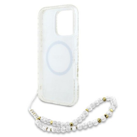 Husa pentru iPhone 16 Pro Max - Guess IML Flowers Allover Electro With Pearl Strap MagSafe (GUHMP16XHCPOFPH) - White