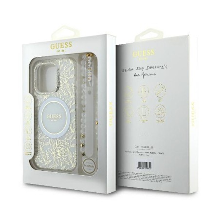 Husa pentru iPhone 16 Pro Max - Guess IML Flowers Allover Electro With Pearl Strap MagSafe (GUHMP16XHCPOFPH) - White