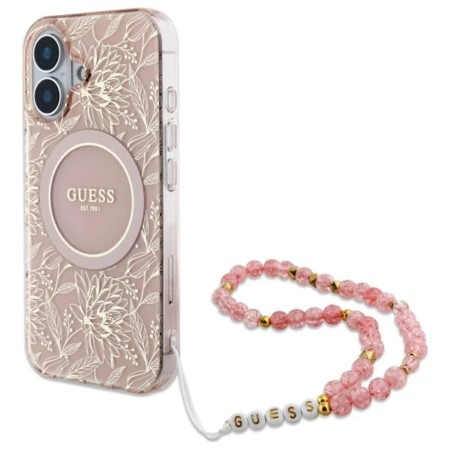 Husa pentru iPhone 16 - Guess IML Flowers Allover Electro With Pearl Strap MagSafe (GUHMP16SHCPOFPP) - Pink