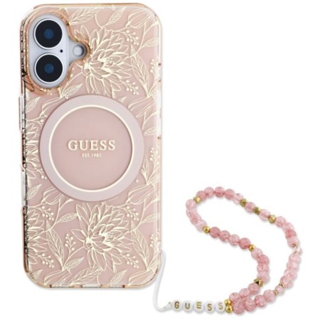 Husa pentru iPhone 16 - Guess IML Flowers Allover Electro With Pearl Strap MagSafe (GUHMP16SHCPOFPP) - Pink