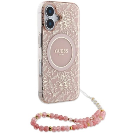 Husa pentru iPhone 16 - Guess IML Flowers Allover Electro With Pearl Strap MagSafe (GUHMP16SHCPOFPP) - Pink