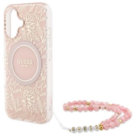 Husa pentru iPhone 16 - Guess IML Flowers Allover Electro With Pearl Strap MagSafe (GUHMP16SHCPOFPP) - Pink