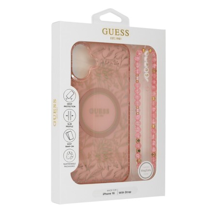 Husa pentru iPhone 16 - Guess IML Flowers Allover Electro With Pearl Strap MagSafe (GUHMP16SHCPOFPP) - Pink