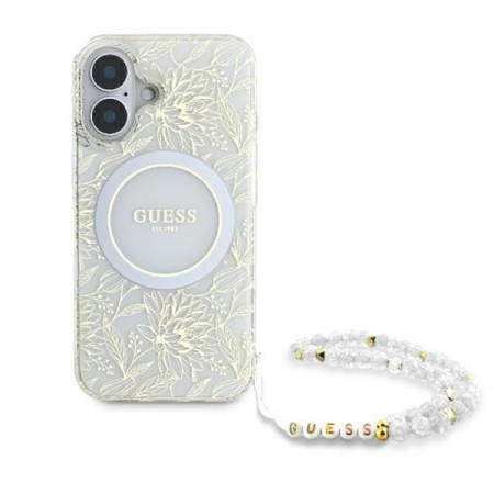 Husa pentru iPhone 16 - Guess IML Flowers Allover Electro With Pearl Strap MagSafe (GUHMP16SHCPOFPH) - White