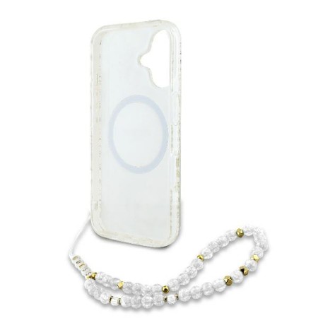 Husa pentru iPhone 16 - Guess IML Flowers Allover Electro With Pearl Strap MagSafe (GUHMP16SHCPOFPH) - White