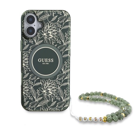 Husa pentru iPhone 16 Plus - Guess IML Flowers Allover Electro With Pearl Strap MagSafe (GUHMP16MHCPOFPA) - Green