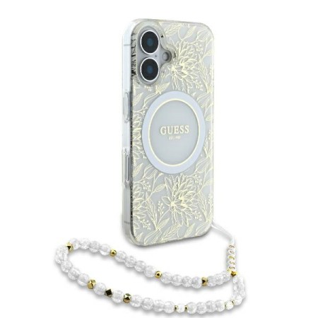 Husa pentru iPhone 16 Plus - Guess IML Flowers Allover Electro With Pearl Strap MagSafe (GUHMP16MHCPOFPH) - White