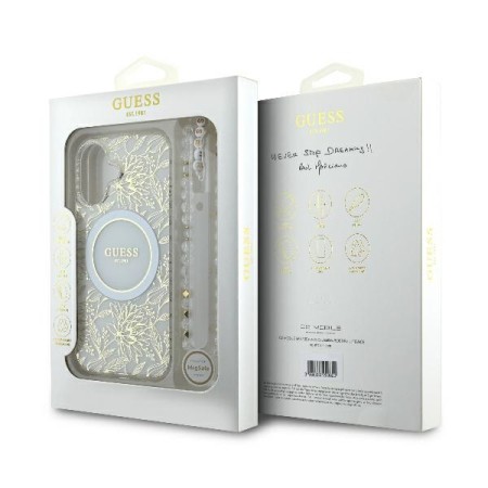 Husa pentru iPhone 16 Plus - Guess IML Flowers Allover Electro With Pearl Strap MagSafe (GUHMP16MHCPOFPH) - White