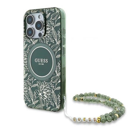 Husa pentru iPhone 16 Pro - Guess IML Flowers Allover Electro With Pearl Strap MagSafe (GUHMP16LHCPOFPA) - Green