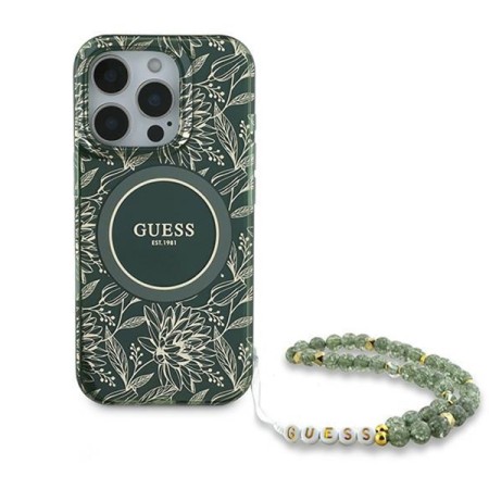 Husa pentru iPhone 16 Pro - Guess IML Flowers Allover Electro With Pearl Strap MagSafe (GUHMP16LHCPOFPA) - Green