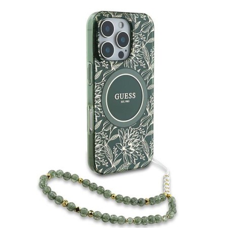 Husa pentru iPhone 16 Pro - Guess IML Flowers Allover Electro With Pearl Strap MagSafe (GUHMP16LHCPOFPA) - Green