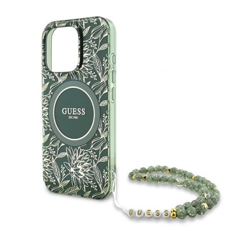 Husa pentru iPhone 16 Pro - Guess IML Flowers Allover Electro With Pearl Strap MagSafe (GUHMP16LHCPOFPA) - Green