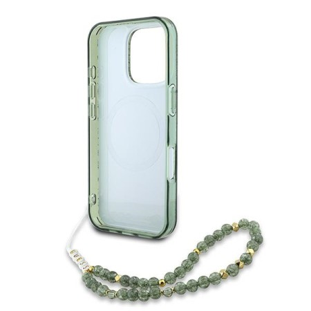 Husa pentru iPhone 16 Pro - Guess IML Flowers Allover Electro With Pearl Strap MagSafe (GUHMP16LHCPOFPA) - Green