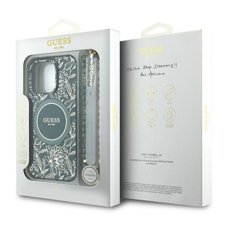 Husa pentru iPhone 16 Pro - Guess IML Flowers Allover Electro With Pearl Strap MagSafe (GUHMP16LHCPOFPA) - Green