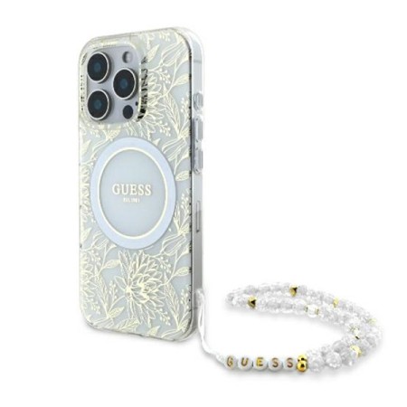 Husa pentru iPhone 16 Pro - Guess IML Flowers Allover Electro With Pearl Strap MagSafe (GUHMP16LHCPOFPH) - White