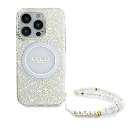 Husa pentru iPhone 16 Pro - Guess IML Flowers Allover Electro With Pearl Strap MagSafe (GUHMP16LHCPOFPH) - White