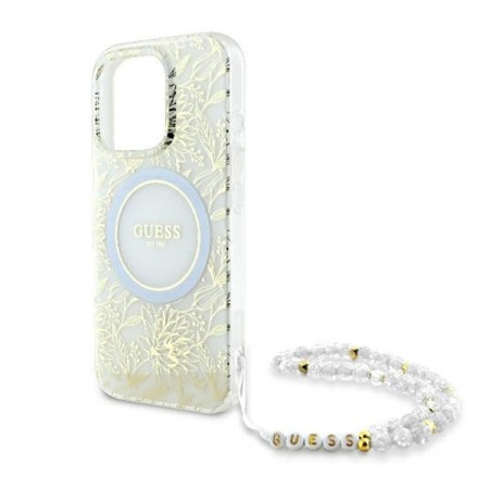 Husa pentru iPhone 16 Pro - Guess IML Flowers Allover Electro With Pearl Strap MagSafe (GUHMP16LHCPOFPH) - White