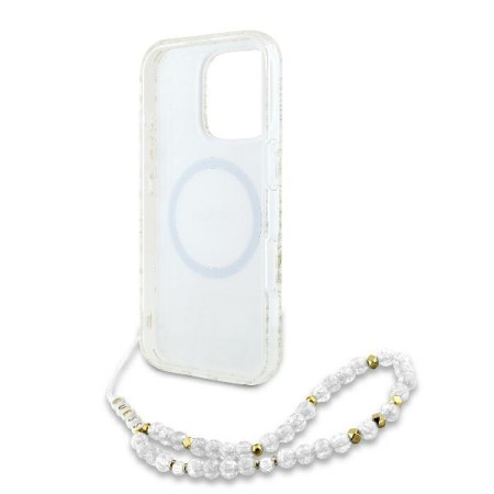 Husa pentru iPhone 16 Pro - Guess IML Flowers Allover Electro With Pearl Strap MagSafe (GUHMP16LHCPOFPH) - White