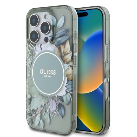 Husa pentru iPhone 16 Pro Max - Guess IML Flower and Tonal Circle MagSafe (GUHMP16XHFWBDCEN) - Green