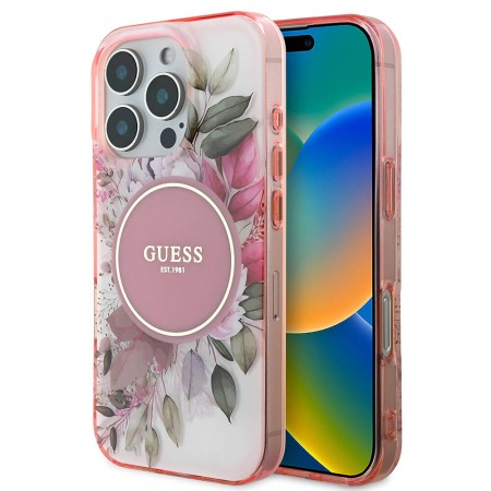 Husa pentru iPhone 16 Pro Max - Guess IML Flower and Tonal Circle MagSafe (GUHMP16XHFWBDCEP) - Pink