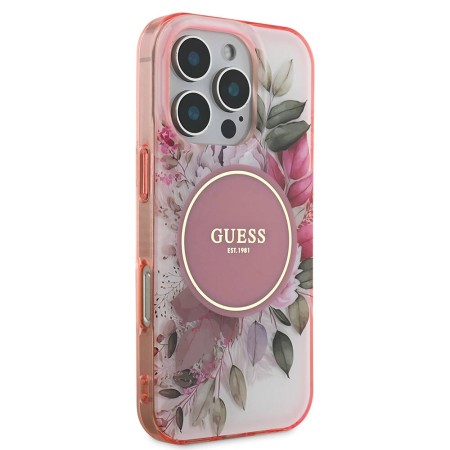 Husa pentru iPhone 16 Pro Max - Guess IML Flower and Tonal Circle MagSafe (GUHMP16XHFWBDCEP) - Pink