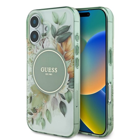 Husa pentru iPhone 16 - Guess IML Flower and Tonal Circle MagSafe (GUHMP16SHFWBDCEN) - Green