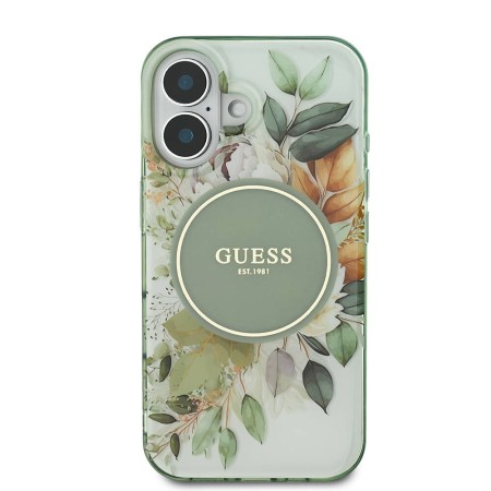 Husa pentru iPhone 16 - Guess IML Flower and Tonal Circle MagSafe (GUHMP16SHFWBDCEN) - Green