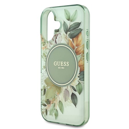 Husa pentru iPhone 16 - Guess IML Flower and Tonal Circle MagSafe (GUHMP16SHFWBDCEN) - Green