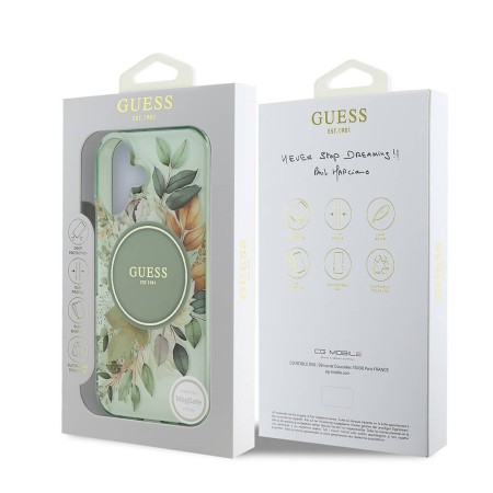 Husa pentru iPhone 16 - Guess IML Flower and Tonal Circle MagSafe (GUHMP16SHFWBDCEN) - Green