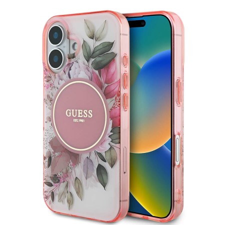 Husa pentru iPhone 16 - Guess IML Flower and Tonal Circle MagSafe (GUHMP16SHFWBDCEP) - Pink