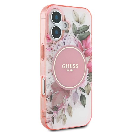 Husa pentru iPhone 16 - Guess IML Flower and Tonal Circle MagSafe (GUHMP16SHFWBDCEP) - Pink