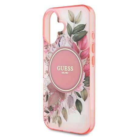 Husa pentru iPhone 16 - Guess IML Flower and Tonal Circle MagSafe (GUHMP16SHFWBDCEP) - Pink