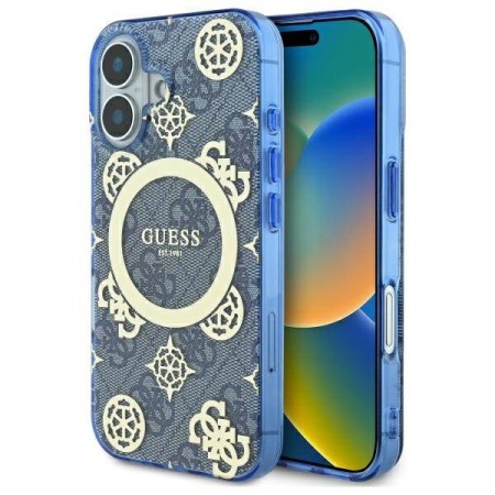 Husa pentru iPhone 16 - Guess IML Peony On 4G Background MagSafe (GUHMP16SH4PYEEB) - Blue