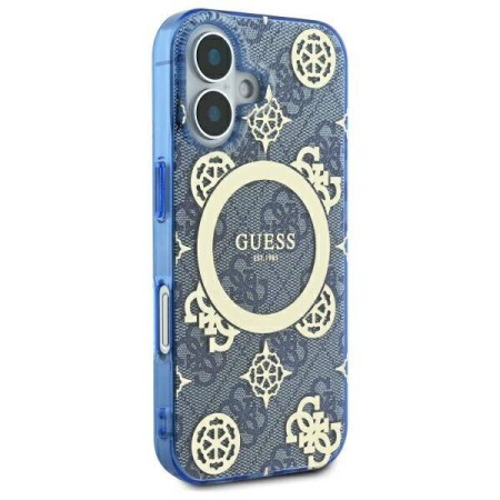 Husa pentru iPhone 16 - Guess IML Peony On 4G Background MagSafe (GUHMP16SH4PYEEB) - Blue