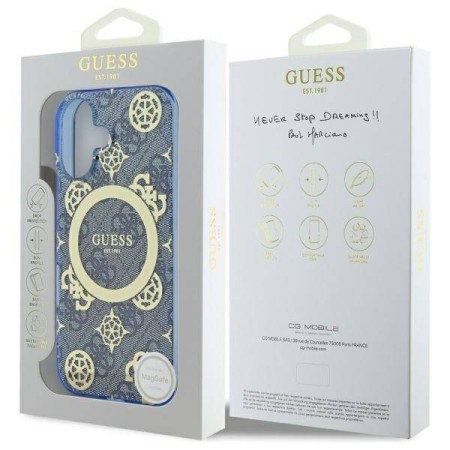 Husa pentru iPhone 16 - Guess IML Peony On 4G Background MagSafe (GUHMP16SH4PYEEB) - Blue