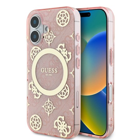 Husa pentru iPhone 16 - Guess IML Peony On 4G Background MagSafe (GUHMP16SH4PYEEP) - Pink