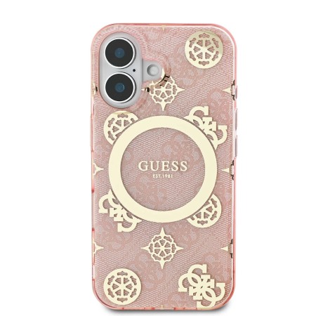 Husa pentru iPhone 16 - Guess IML Peony On 4G Background MagSafe (GUHMP16SH4PYEEP) - Pink