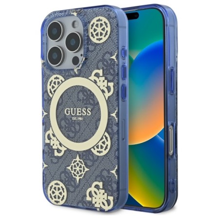 Husa pentru iPhone 16 Pro - Guess IML Peony On 4G Background MagSafe (GUHMP16LH4PYEEB) - Blue