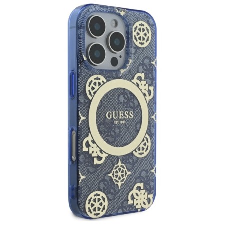 Husa pentru iPhone 16 Pro - Guess IML Peony On 4G Background MagSafe (GUHMP16LH4PYEEB) - Blue