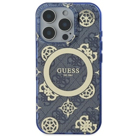 Husa pentru iPhone 16 Pro - Guess IML Peony On 4G Background MagSafe (GUHMP16LH4PYEEB) - Blue